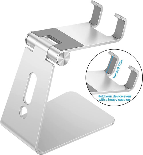 Adjustable Cell Phone Stand. OMOTON Aluminum Desktop Cellphone Stand with Anti-Slip Base and Convenient Charging Port. Fits All Smart Phones. Silver