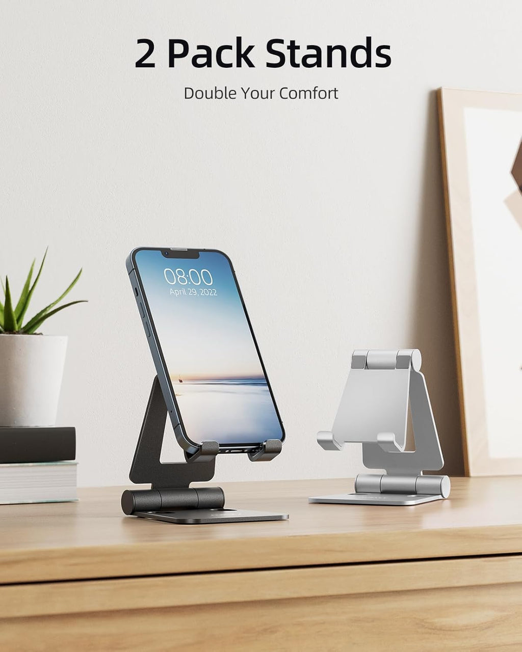 Nulaxy 2 Pack Fully Aluminum Dual Folding Cell Phone Stand. Adjustable Foldable Desktop Phone Holder for Desk Compatible with iPhone 17 16 15 14 13 12 11 Pro Max Xs Xr X 8. All Phones. Black & Silver