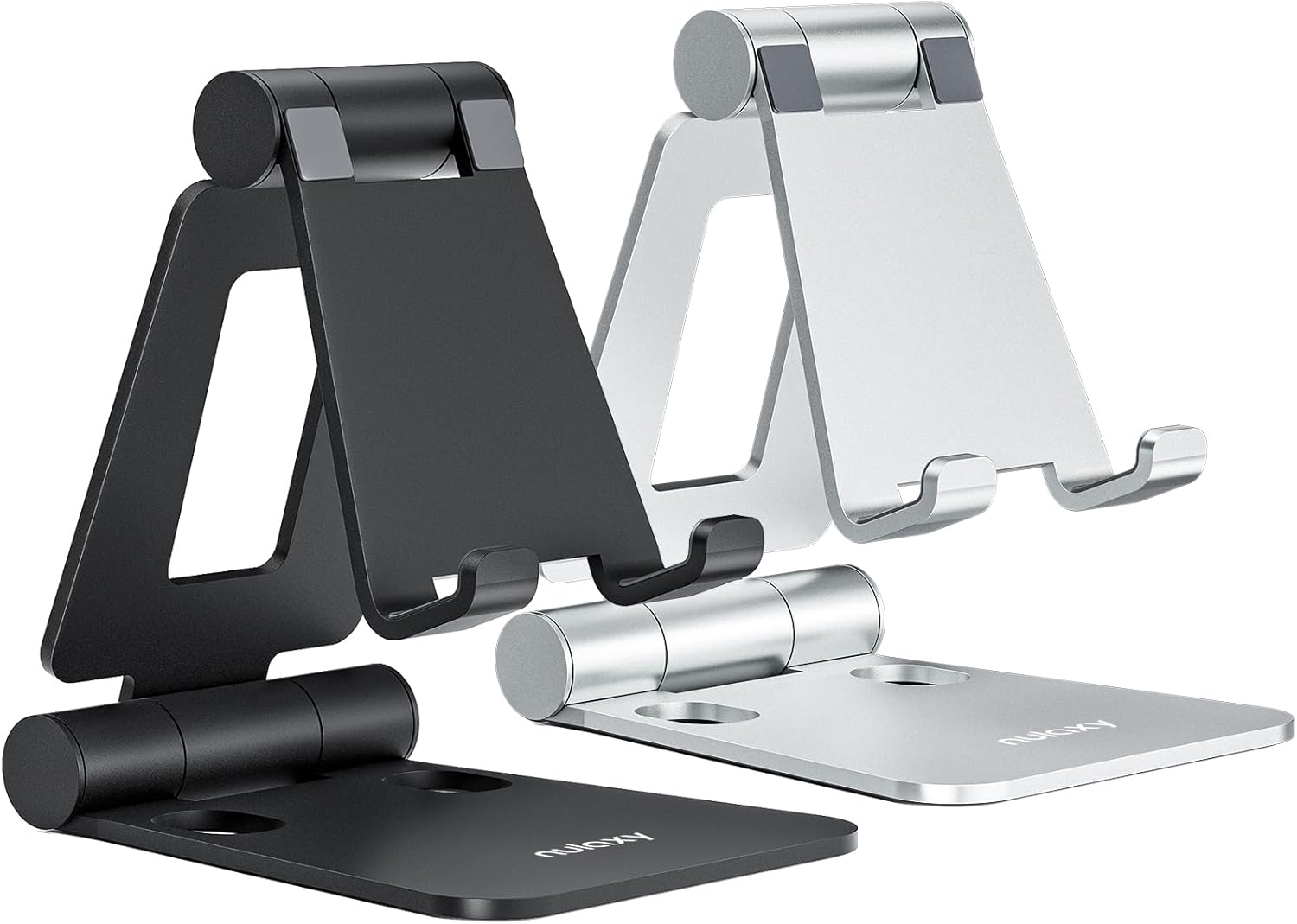 Nulaxy 2 Pack Fully Aluminum Dual Folding Cell Phone Stand. Adjustable Foldable Desktop Phone Holder for Desk Compatible with iPhone 17 16 15 14 13 12 11 Pro Max Xs Xr X 8. All Phones. Black & Silver