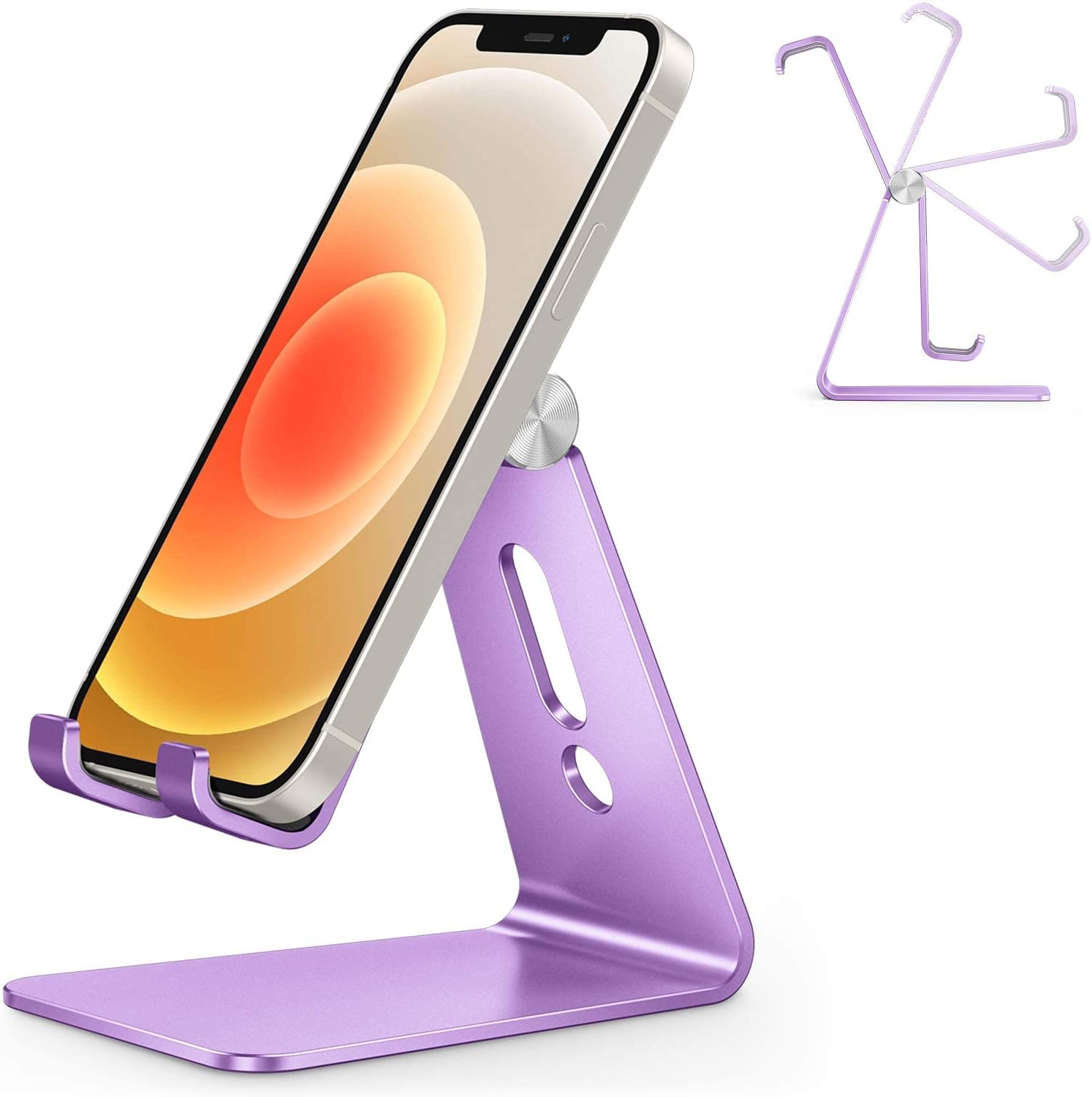Adjustable Cell Phone Stand. OMOTON Aluminum Desktop Cellphone Stand with Anti-Slip Base and Convenient Charging Port. Fits All Smart Phones. Silver