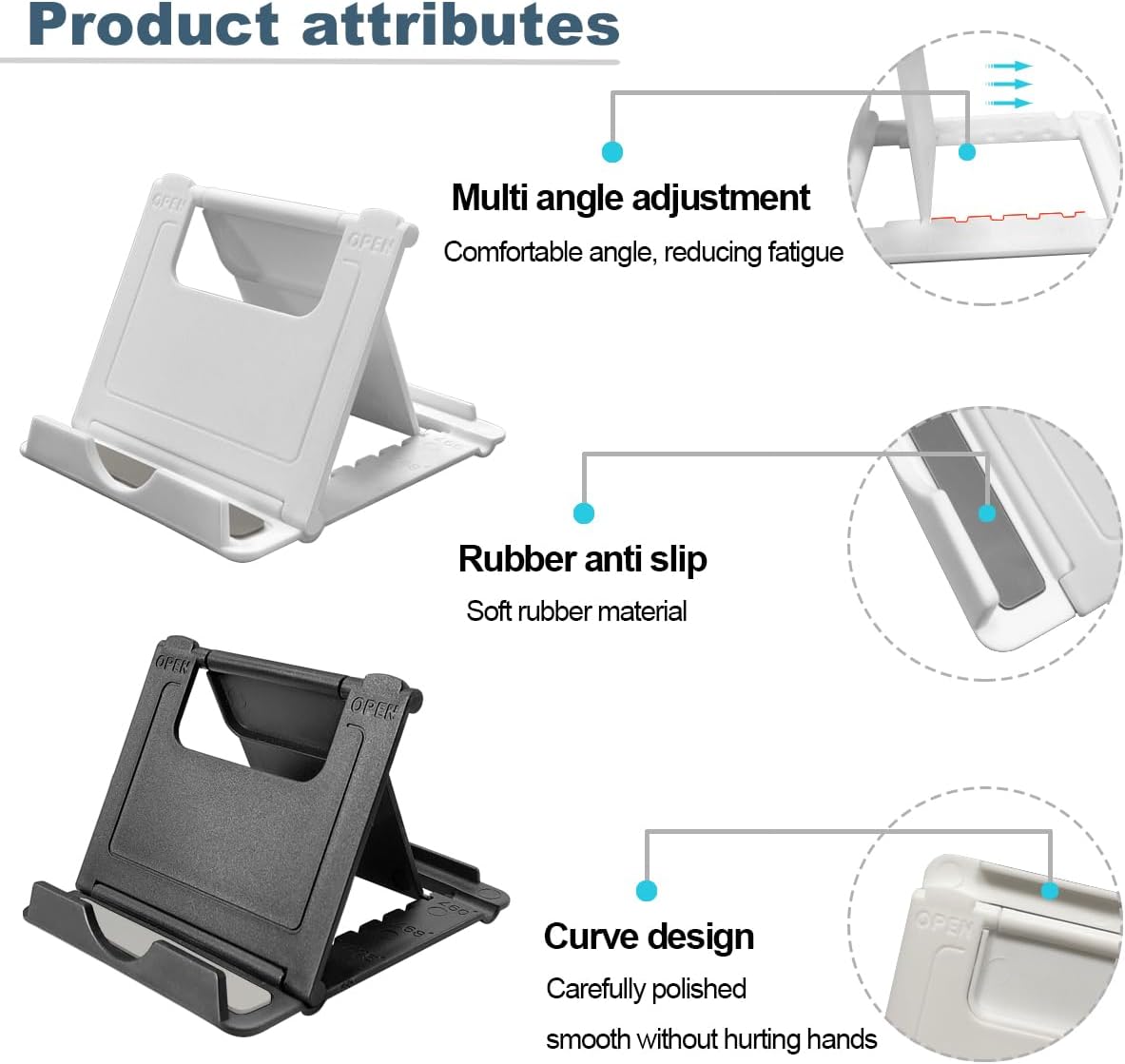 POQOD 2 Pack Cell Phone Stand. Foldable Phone Holder for Desk Compatible with Phone 15 14 13 12 11 Pro Xs Xs Max Xr X 8. Nintendo Switch. All Phones. Black & White