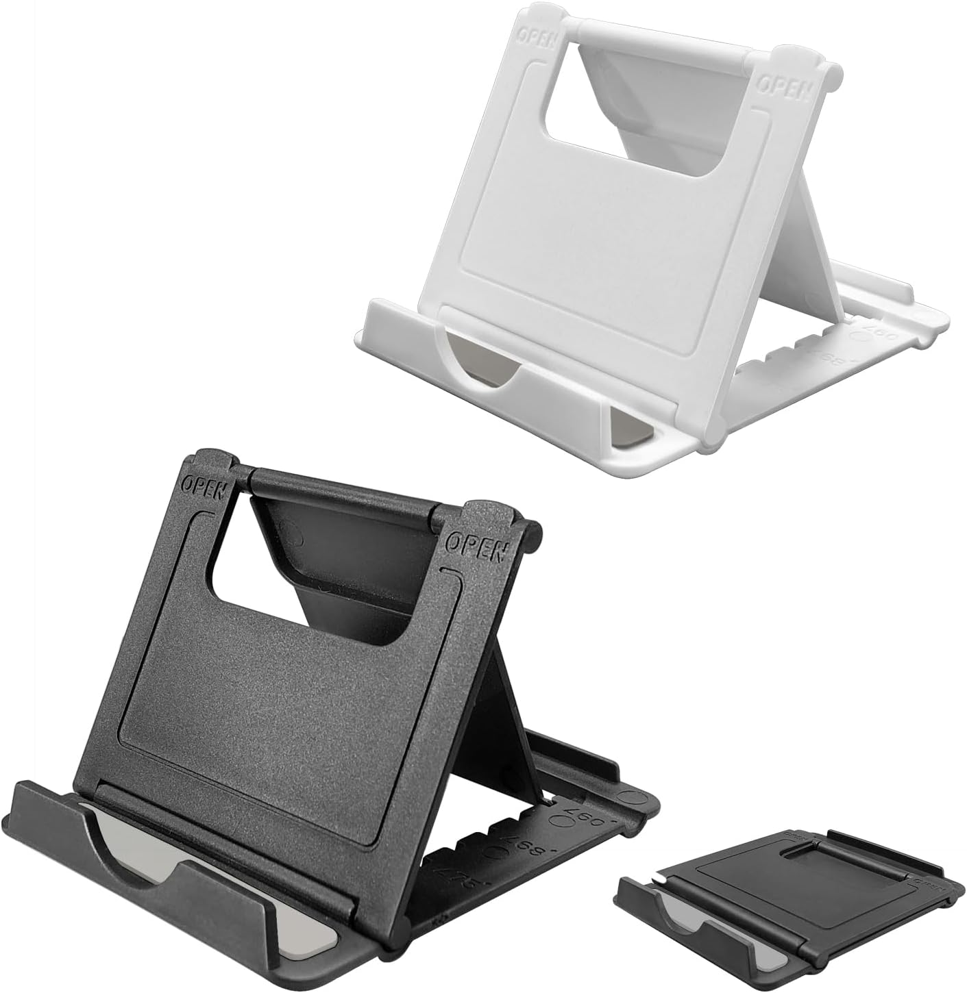 POQOD 2 Pack Cell Phone Stand. Foldable Phone Holder for Desk Compatible with Phone 15 14 13 12 11 Pro Xs Xs Max Xr X 8. Nintendo Switch. All Phones. Black & White