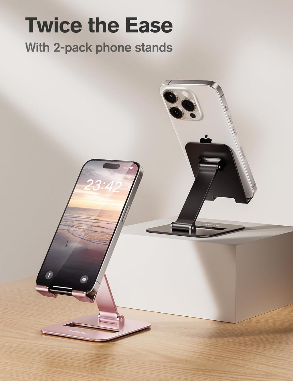 Nulaxy 2 Pack Dual Folding Cell Phone Stand. Fully Adjustable Phone Holder for Desk. Compatible with iPhone 17 16 15 14 13 12 11. Nintendo Switch. All Phones. Black & Rose Gold