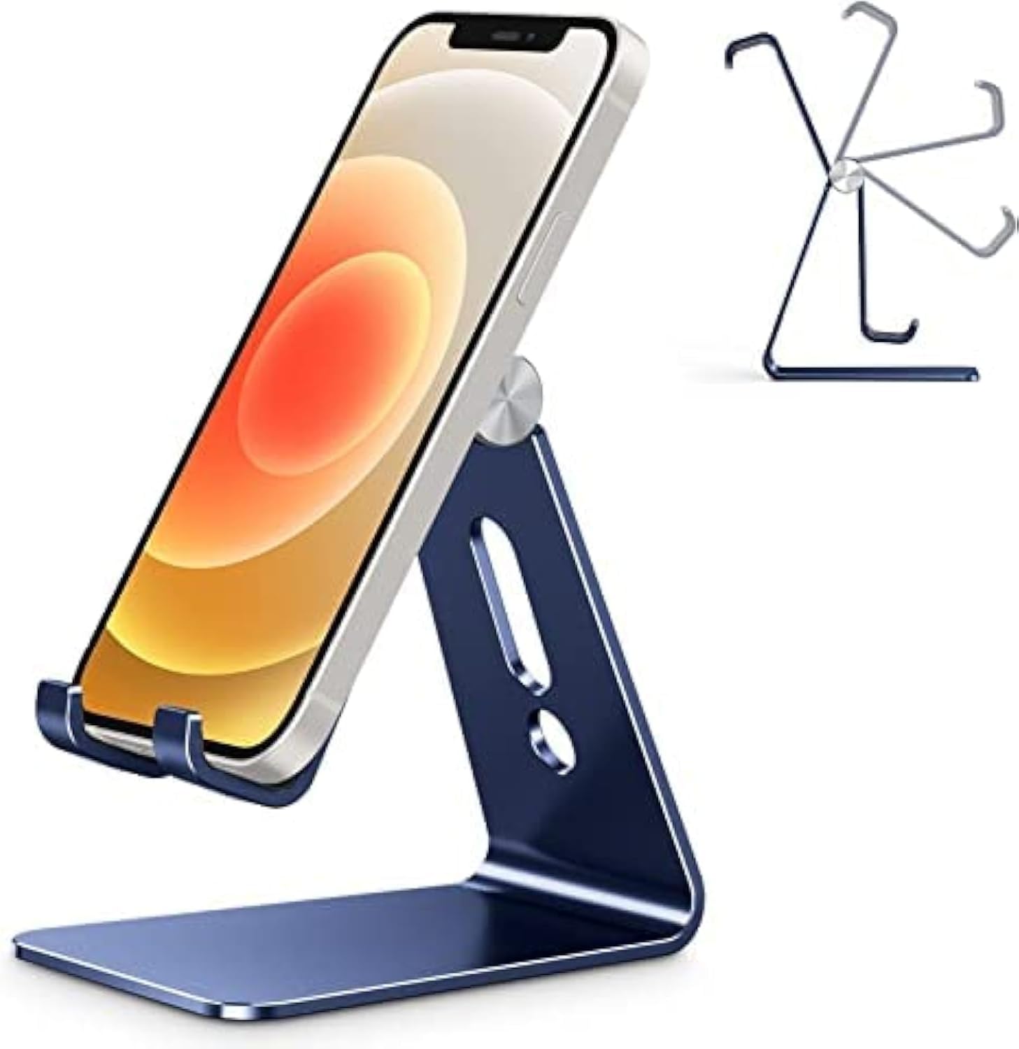 Adjustable Cell Phone Stand. OMOTON Aluminum Desktop Cellphone Stand with Anti-Slip Base and Convenient Charging Port. Fits All Smart Phones. Silver