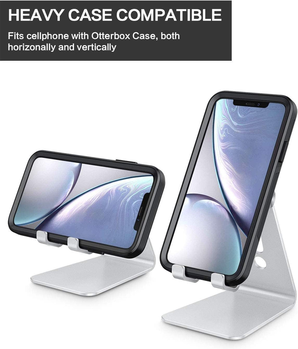 Adjustable Cell Phone Stand. OMOTON Aluminum Desktop Cellphone Stand with Anti-Slip Base and Convenient Charging Port. Fits All Smart Phones. Silver