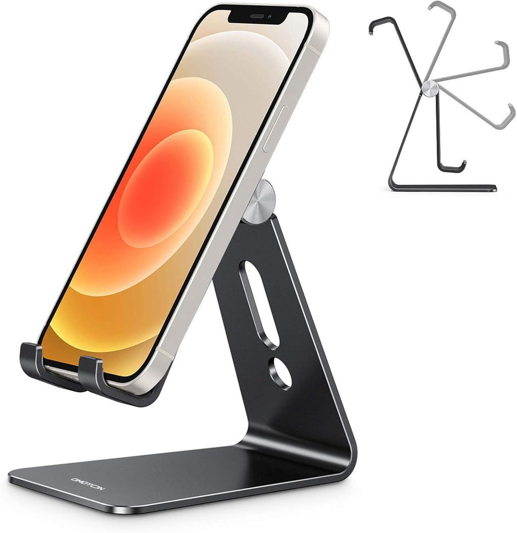 Adjustable Cell Phone Stand. OMOTON Aluminum Desktop Cellphone Stand with Anti-Slip Base and Convenient Charging Port. Fits All Smart Phones. Silver