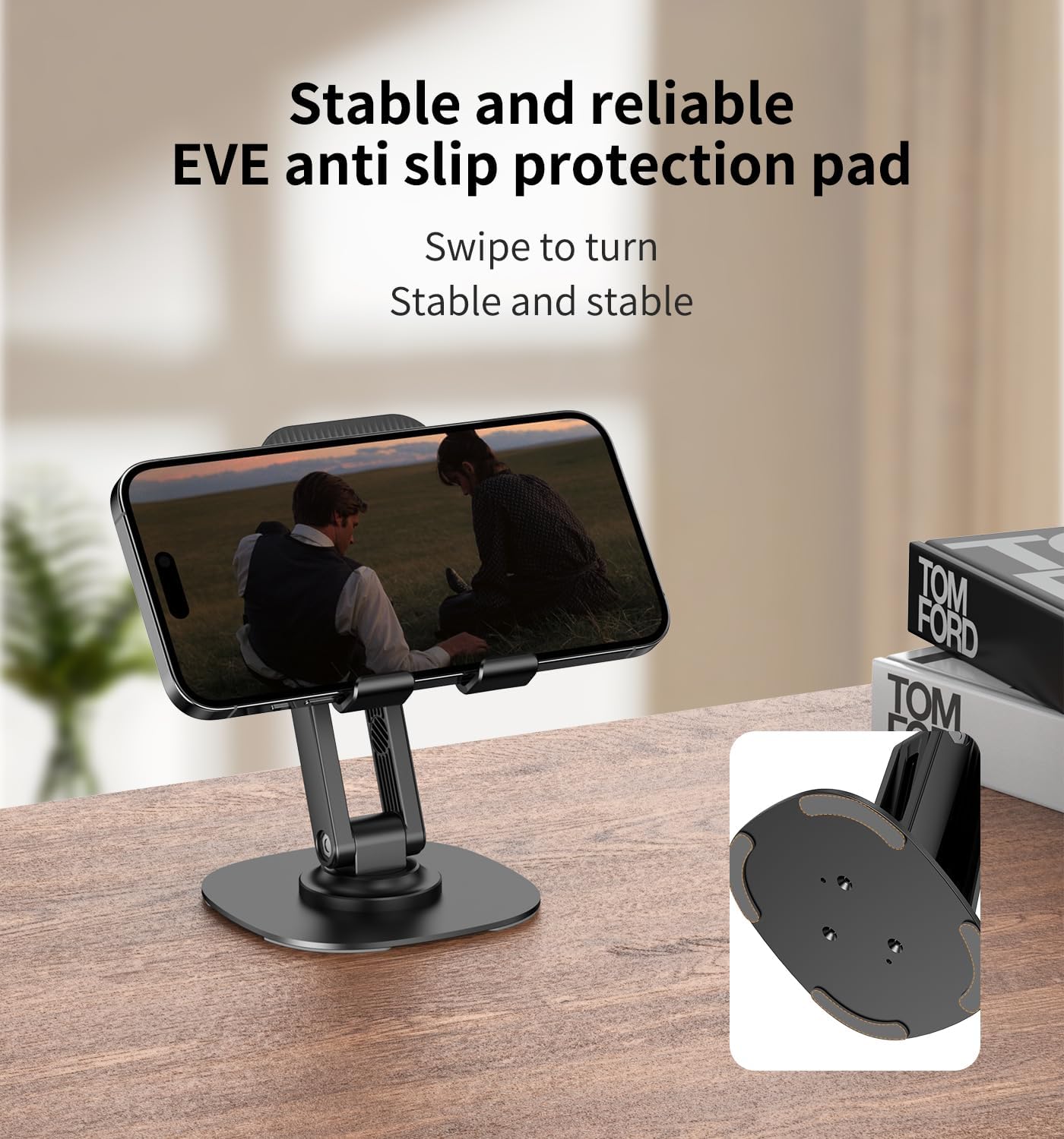 360° Degree Rotating Mobile Phone Holder.Fully Adjustable Foldable Desktop Phone Holder Stand Base.Foldable Desktop Cell Phone Stands for iPhone17 16 15 Pro Xr Xs Max X Plus iPad Samsung(K69-Black)