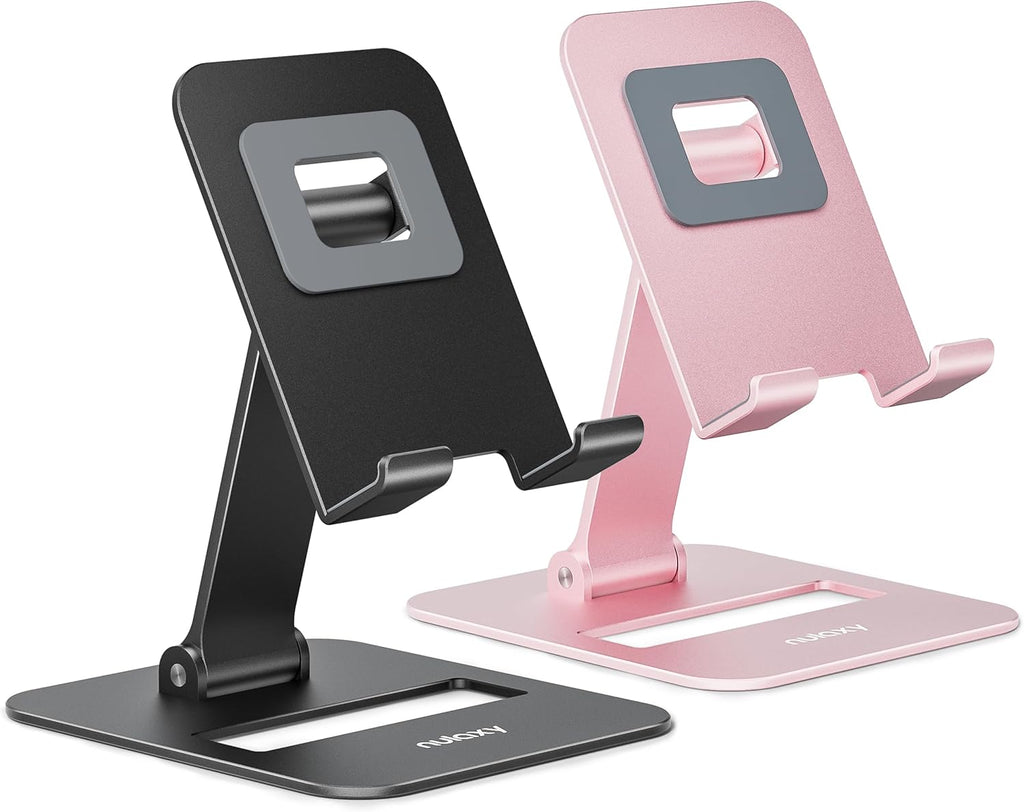 Nulaxy 2 Pack Dual Folding Cell Phone Stand. Fully Adjustable Phone Holder for Desk. Compatible with iPhone 17 16 15 14 13 12 11. Nintendo Switch. All Phones. Black & Rose Gold