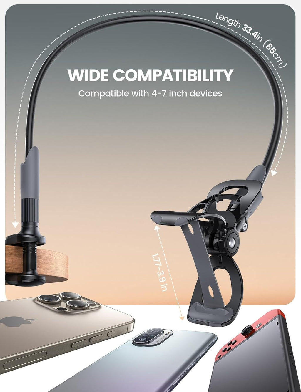 Lamicall Gooseneck Phone Holder for Bed - Cell Phone Mount Clamp Clip. Flexible Long Arm. Overhead Mount for Desk Headboard Bedside. Gifts for iPhone Air 17 Pro Max. 16 15 14 Pro Max and 4-7 Phone