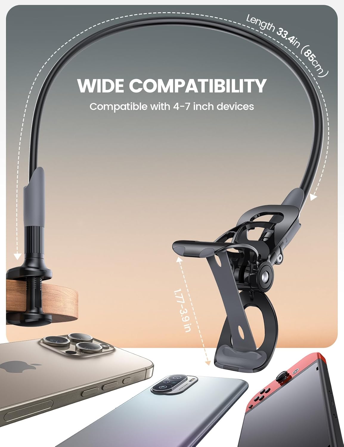 Lamicall Gooseneck Phone Holder for Bed - Cell Phone Mount Clamp Clip. Flexible Long Arm. Overhead Mount for Desk Headboard Bedside. Gifts for iPhone Air 17 Pro Max. 16 15 14 Pro Max and 4-7 Phone