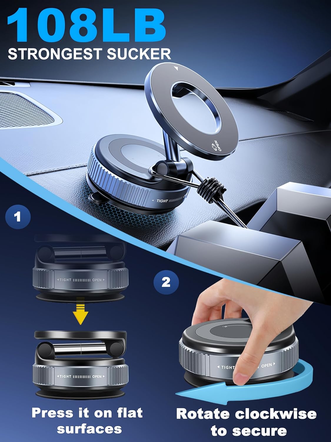 Upgraded 360° Nano Gel Vacuum Magnetic Phone Holder. Car Phone Holder for Magsafe[108+LBS Strongest Suction & 3000gf Strongest Magnetic]. Suction Cup Phone Mount for Car/for iPhone 17 Pro Max